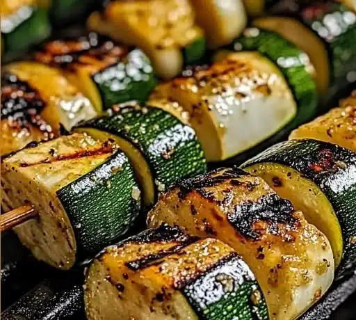 Garlic butter zucchini skewers cooked on the grill, showcasing a delicious summer dish.