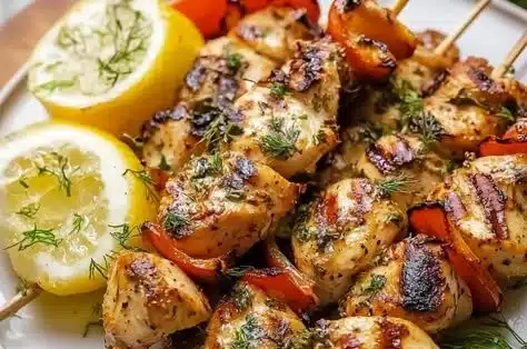 Delicious Greek Chicken Skewers marinated and grilled to perfection