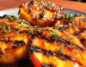 Grilled peaches served with brown butter honey sauce, a delicious summer dessert.
