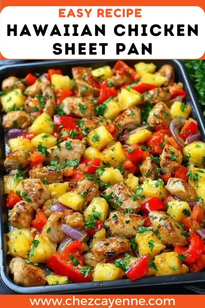 Hawaiian Chicken Sheet Pan with colorful vegetables and pineapple.