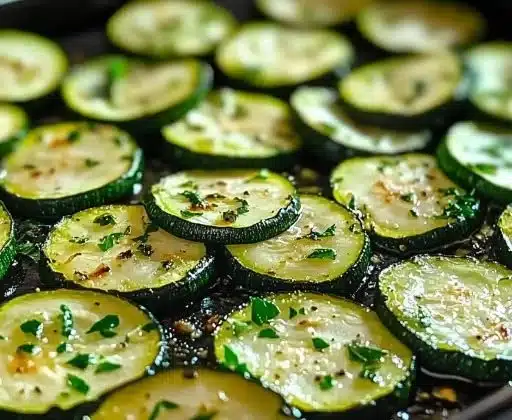 Herb-infused roasted zucchini garnished with fresh herbs on a plate