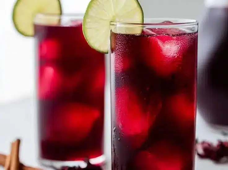 Hibiscus Water (Hibiscus Agua Fresca) 6 Refreshing hibiscus water in a glass with fresh hibiscus flowers