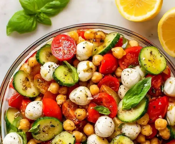 High Protein Caprese Salad with fresh mozzarella, tomatoes, and basil