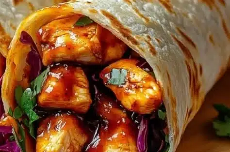 Honey BBQ Chicken Wraps with crunchy slaw on a wooden platter