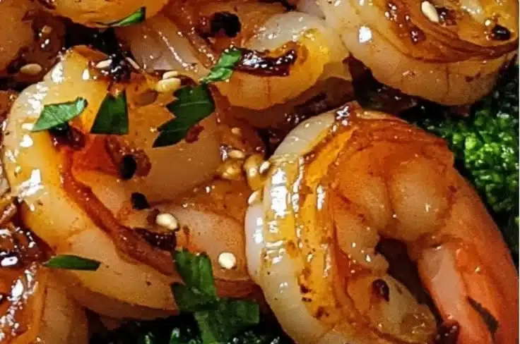 A vibrant bowl of honey garlic shrimp served with vegetables and rice