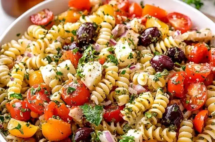 Colorful Italian Dressing Pasta Salad with fresh vegetables and herbs