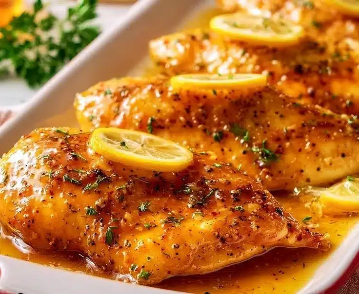 Juicy Honey Lemon Chicken dish garnished with lemon slices and herbs