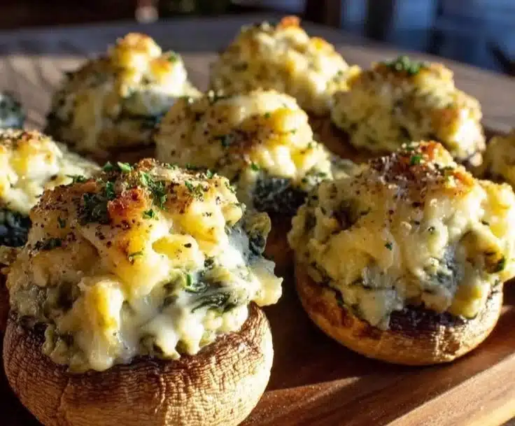 Keto Spinach Artichoke Stuffed Mushrooms Easy Cheesy Party Bites Recipe 3 Cheesy keto spinach artichoke stuffed mushrooms on a platter, perfect party appetizer.