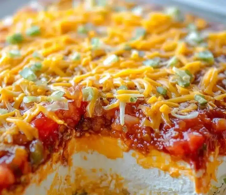 Layered cream cheese and salsa dip in a serving dish