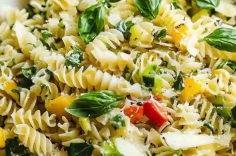 Bowl of Lemon Basil Pasta Salad garnished with fresh basil and lemon slices.
