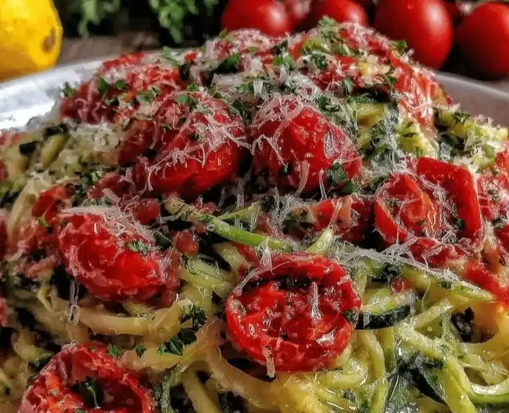 Lemon Butter Zucchini Noodles 2 Lemon butter zucchini noodles served in a bowl with lemon slices and herbs