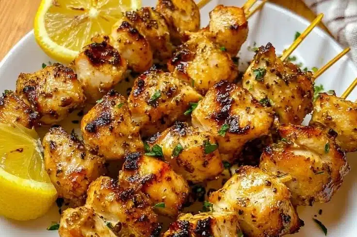 Lemon Pepper Chicken Skewers on a grill, showcasing delicious seasoning and vibrant color.