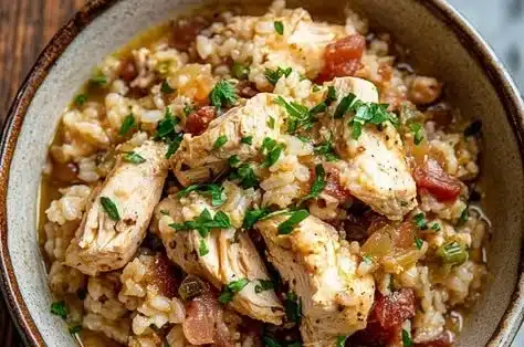 Delicious Lowcountry Chicken Bog with chicken, rice, and spices in a pot