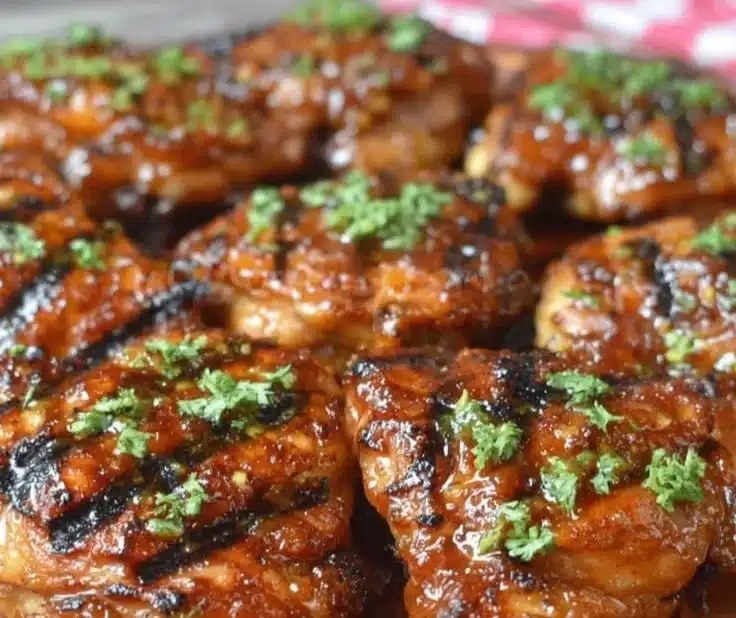 Mango Habanero Grilled Chicken Thighs garnished with fresh herbs