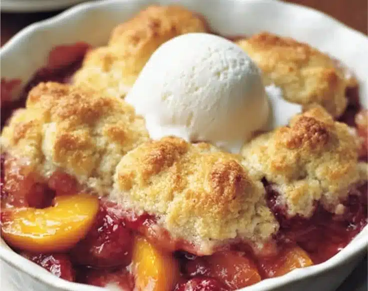 Warm nectarine raspberry cobbler with fresh fruit topping and golden crust
