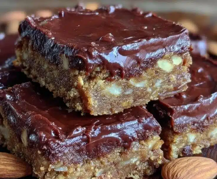 No-Bake Almond Butter Chocolate Fudge Bars 2 No-bake almond butter chocolate fudge bars on a wooden cutting board