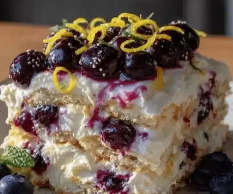 No-Bake Lemon Blueberry Icebox Cake 3 No-bake lemon blueberry icebox cake sliced on a serving plate.