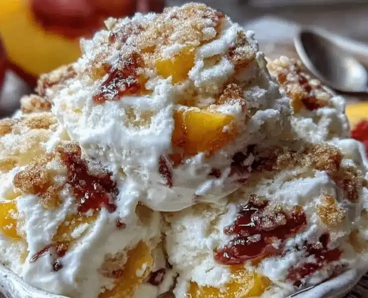 Grill Fresh Eats 5 Delicious no-churn peach cobbler ice cream topped with fresh peaches and a cobbler crust