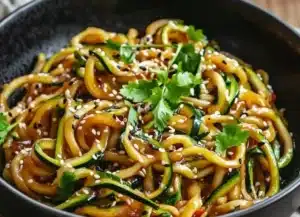 Bowl of nutritious teriyaki zucchini noodles topped with sesame seeds and green onions