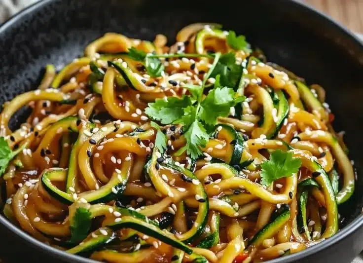 Nutritious Teriyaki Zucchini Noodles 4 Bowl of nutritious teriyaki zucchini noodles topped with sesame seeds and green onions