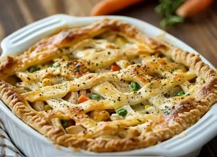 Delicious old fashioned chicken pot pie with golden flaky crust and savory filling