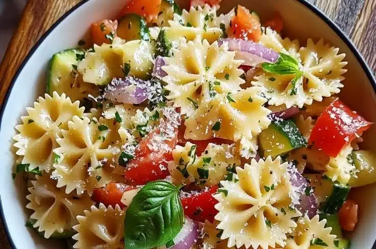 Parmesan Bowtie Pasta Salad with fresh veggies and zesty dressing