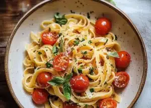 Delicious pasta with fresh cherry tomatoes and herbs in a bowl