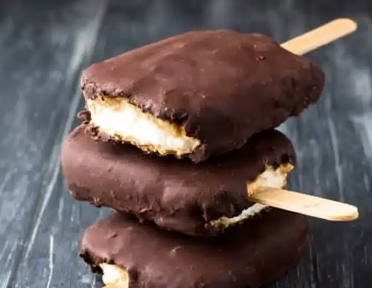 Peanut Butter Frozen Yogurt Bars 3 Peanut butter frozen yogurt bars on a colorful plate