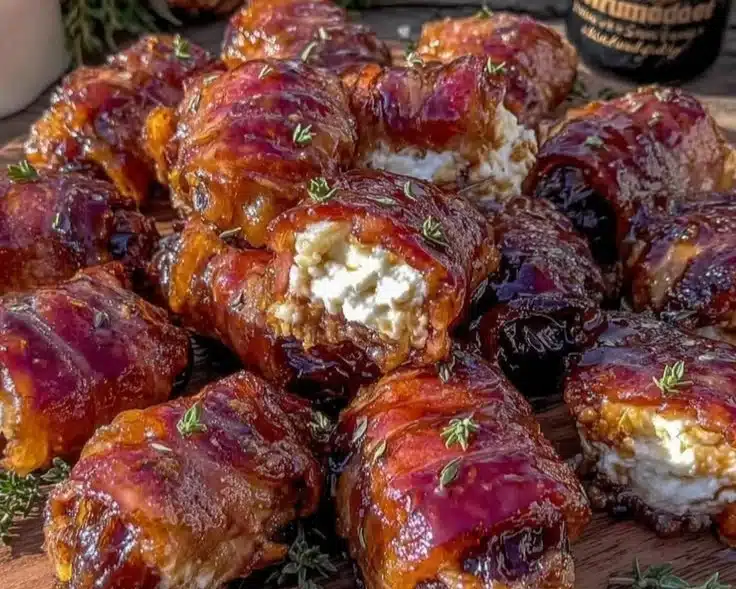 Quick Air Fryer Maple Bacon-Wrapped Dates with Goat Cheese 2 Air fryer maple bacon-wrapped dates filled with goat cheese on a plate