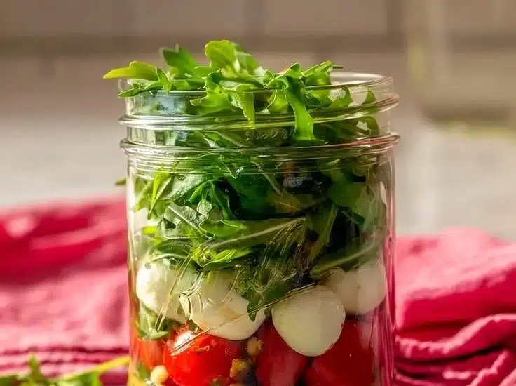 Grill Fresh Eats 6 Quick Caprese Mason Jar Salad with fresh tomatoes, mozzarella, and basil