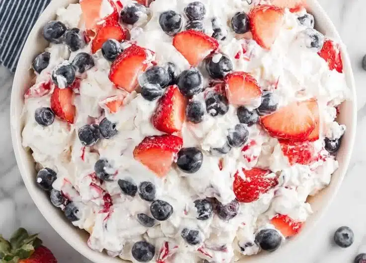 Red White and Blue Cheesecake Salad 2 Red White and Blue Cheesecake Salad with strawberries, blueberries, and creamy filling