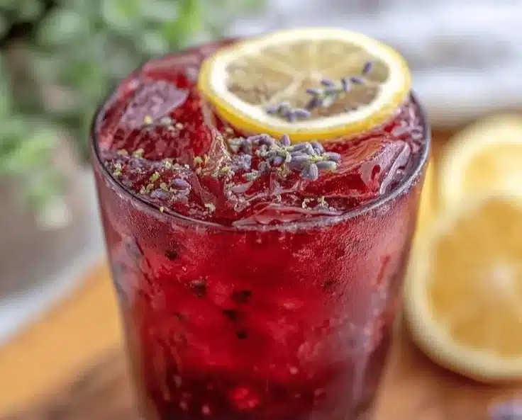 Glass of refreshing blueberry lavender lemonade with blueberries and lavender sprigs