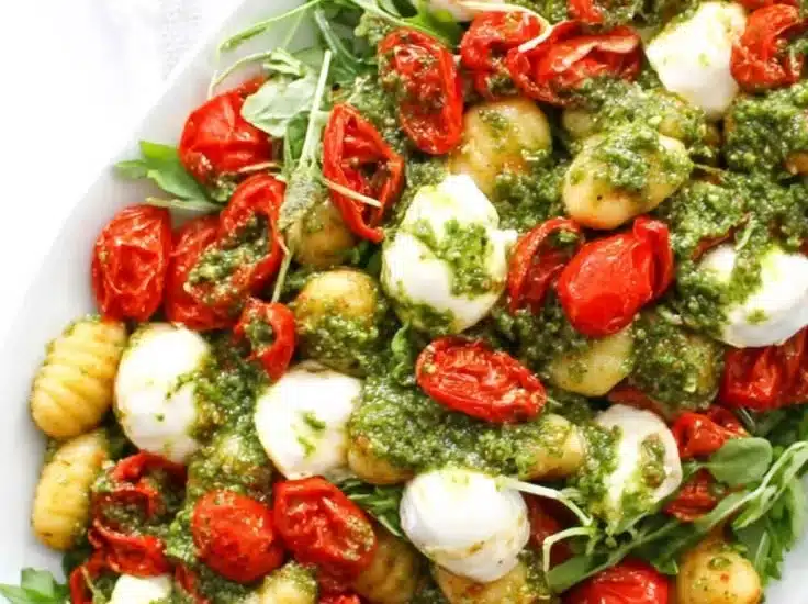 Roasted Gnocchi Salad with Pesto & Mozzarella 2 Roasted Gnocchi Salad with Pesto & Mozzarella