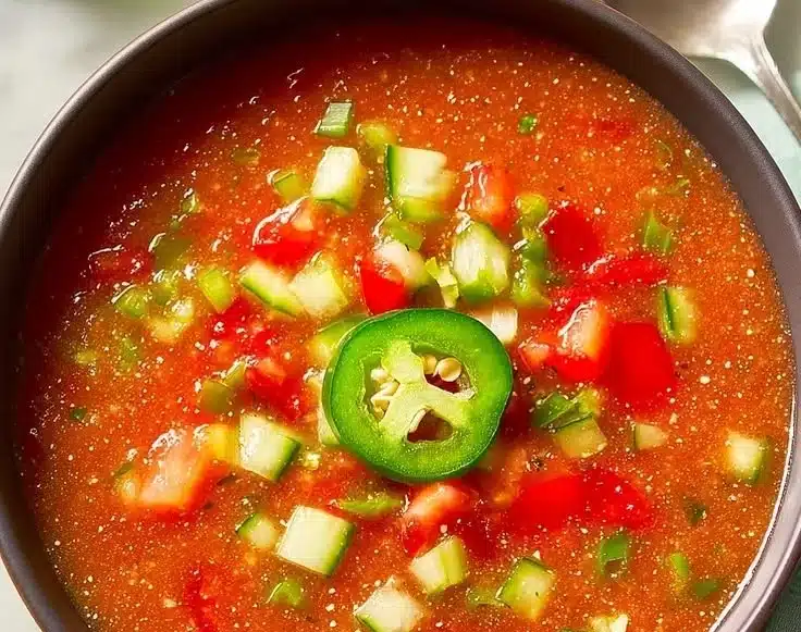 Simple Cold Gazpacho 2 Bowl of vibrant cold gazpacho with fresh vegetables and herbs