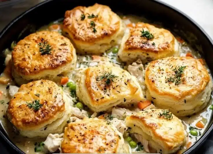 Skillet chicken pot pie topped with golden biscuits, served hot
