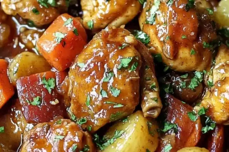 Slow Cooker Honey Garlic Chicken served with fresh veggies in a bowl