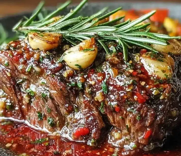 Slow cooker lamb shoulder with rosemary and garlic on a rustic table.