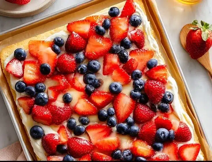 Summer Sheet Pan Fruit Pizza topped with fresh fruits and creamy frosting
