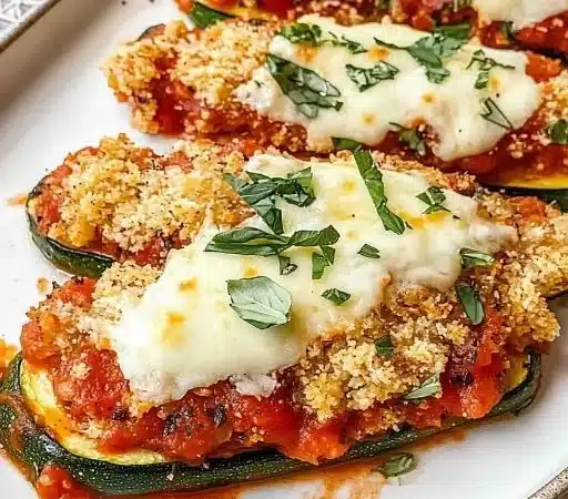 Three Cheese Zucchini Parmesan 3 Three Cheese Zucchini Parmesan dish with melted cheese on top