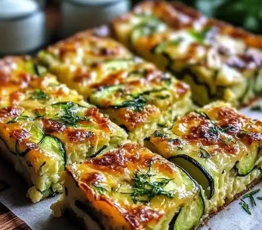 Vegetarian zucchini slice fresh out of the oven, sliced and served on a plate.
