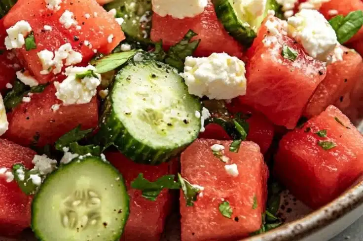 Fresh watermelon salad topped with feta cheese and cucumber slices