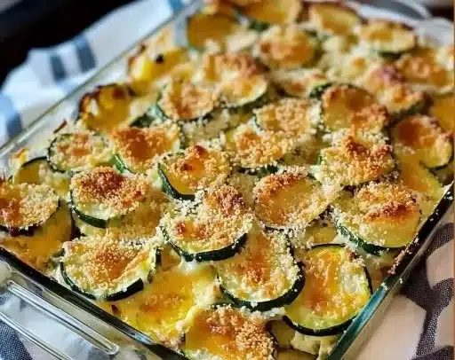 Zucchini Casserole 2 Baked Zucchini Casserole topped with cheese and herbs in a serving dish.