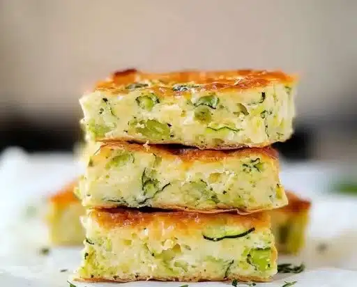 Zucchini frittata squares baked and sliced on a wooden serving board.