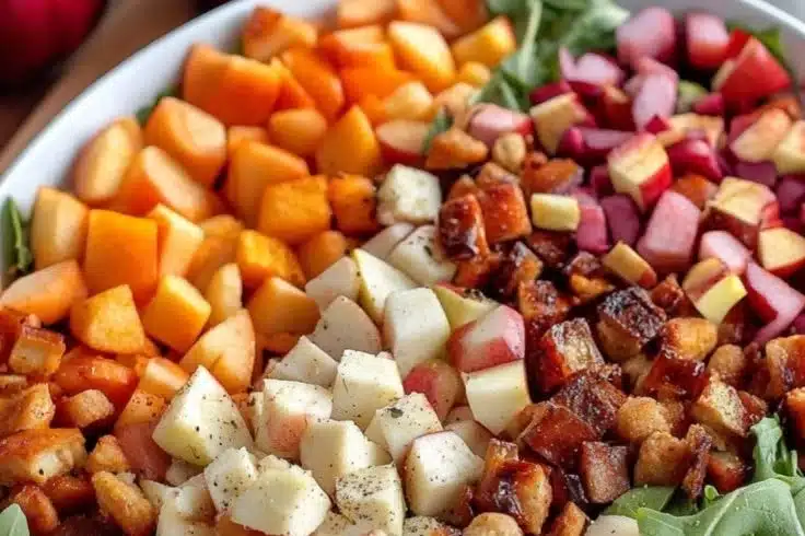 Colorful autumn salad with seasonal ingredients like squash, apples, and nuts.