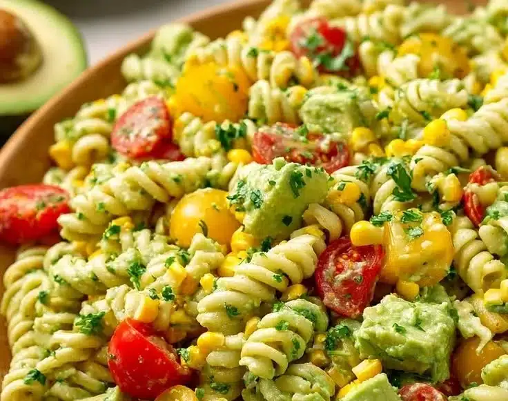 Colorful avocado pasta salad garnished with fresh vegetables and herbs.