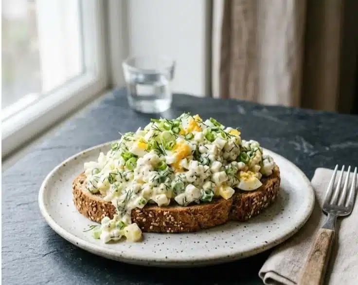 Bariatric Cottage Cheese Egg Salad served in a bowl, garnished with herbs.