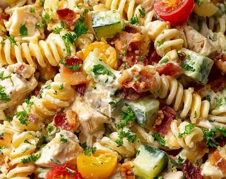 Delicious Chicken Bacon Ranch Pasta Salad served in a bowl with fresh ingredients