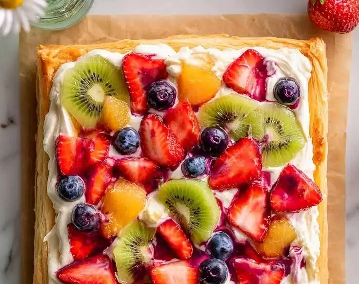 Best Fruit Pizza with Puff Pastry 2 Delicious fruit pizza made with puff pastry, topped with fresh fruits.