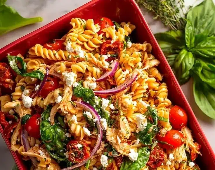 Grill Fresh Eats 7 Delicious sun dried tomato pasta salad topped with fresh herbs and olives