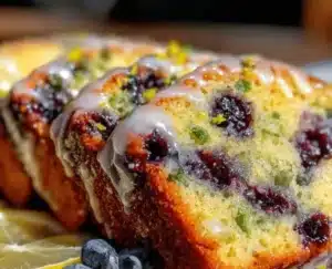 Slice of homemade blueberry zucchini bread on a wooden table.